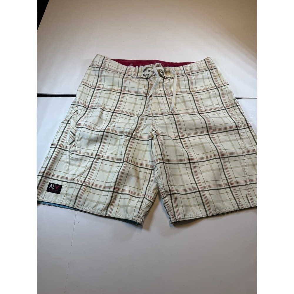 American Eagle Mens Board Shorts Size 34 Swim Trunks Plaid Beige Red Check
